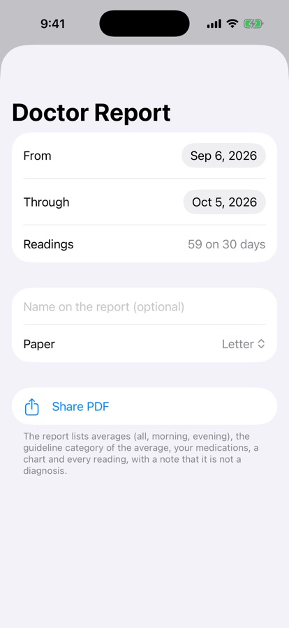 Calmcuff doctor report settings: date range, name and paper size